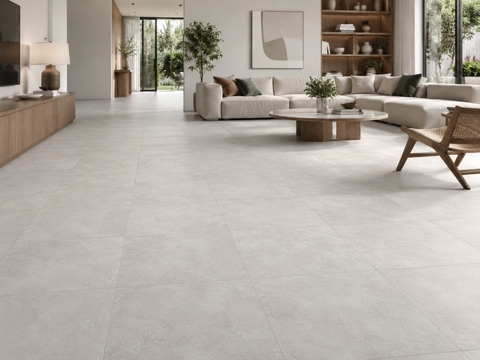 Tavira Light Grey, texture close-up of the light grey natural stone look ceramic tile